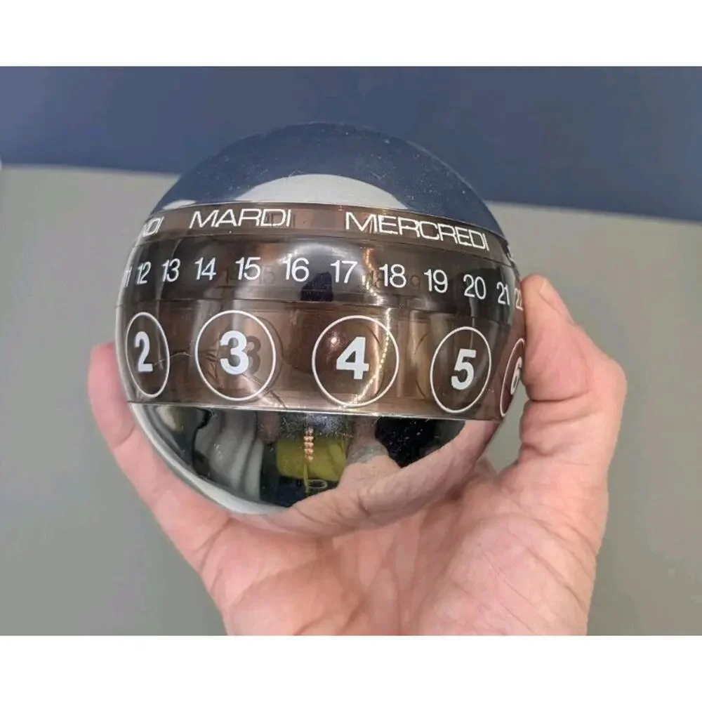 Space Age Ball Perpetual Calendar Mirror PORPHYRE Plastic France 1970s Chrome